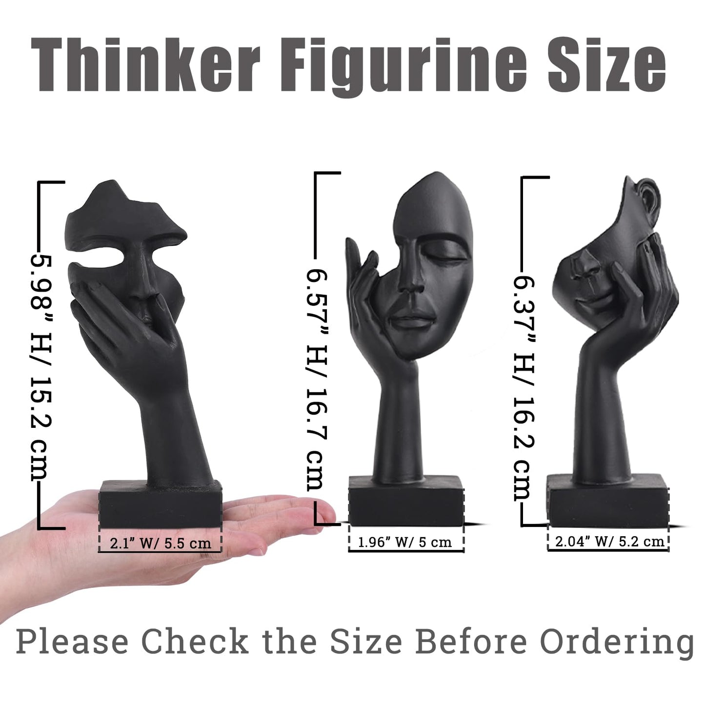 3 Pcs Thinker Small Statue Set - Black Art Abstract Home Accent Figurines for Decor Woman Apartment Bookshelf Floating Shelf Coffee Table Office Desk Bathroom Counter Decor (3 Pcs Black, 6")