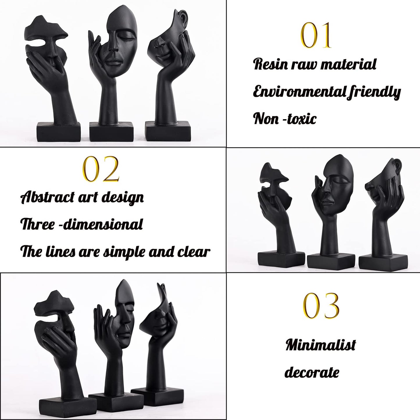 3 Pcs Thinker Small Statue Set - Black Art Abstract Home Accent Figurines for Decor Woman Apartment Bookshelf Floating Shelf Coffee Table Office Desk Bathroom Counter Decor (3 Pcs Black, 6")