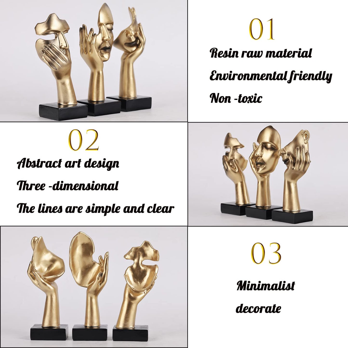 3 Pcs Thinker Small Statue Set - Black Art Abstract Home Accent Figurines for Decor Woman Apartment Bookshelf Floating Shelf Coffee Table Office Desk Bathroom Counter Decor (3 Pcs Black, 6")