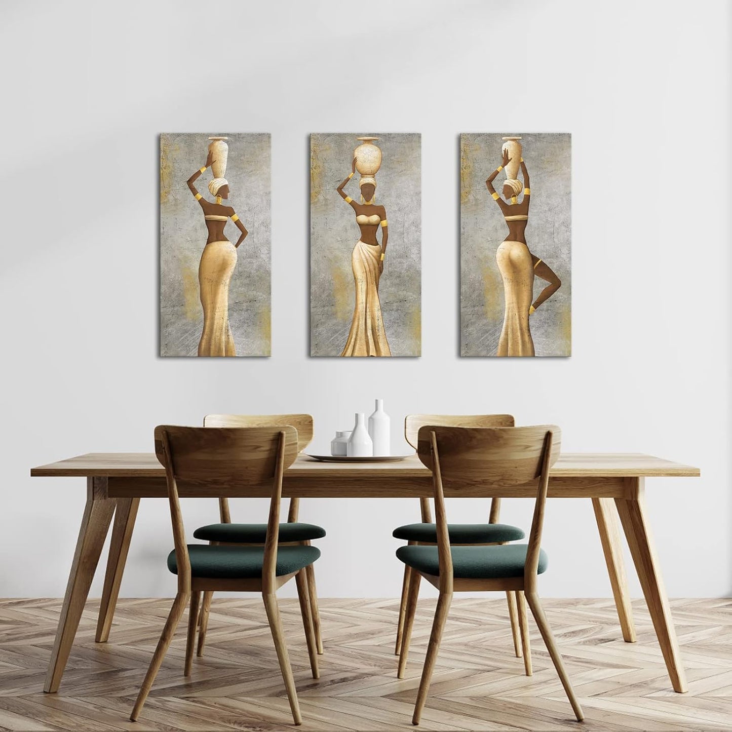LevvArts Large 3 Pieces African Women Canvas Wall Art Traditional Black Girl Ethnic Ancient Theme Painting Africa Tribal Art Picture for Living Room Bedroom Decor Framed Easy to Hang