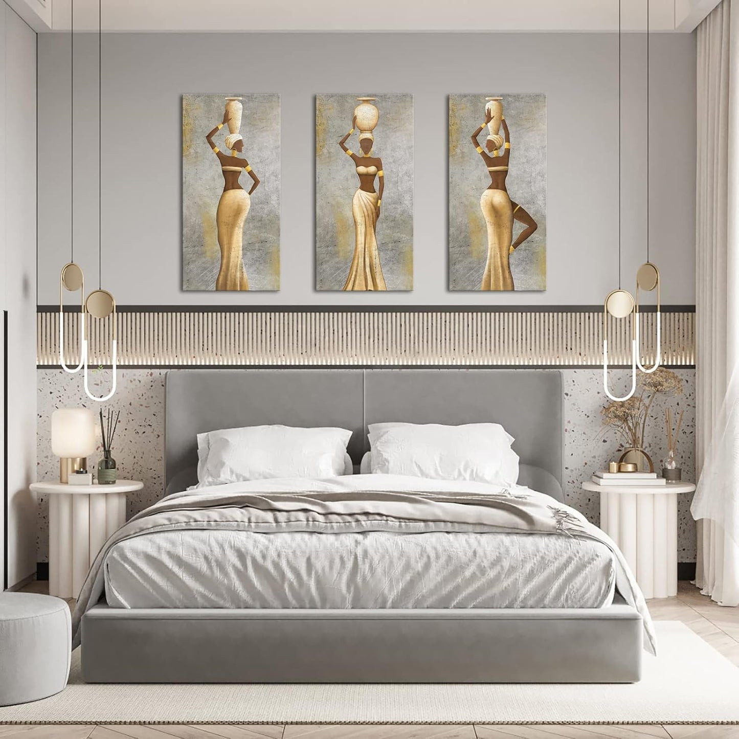 LevvArts Large 3 Pieces African Women Canvas Wall Art Traditional Black Girl Ethnic Ancient Theme Painting Africa Tribal Art Picture for Living Room Bedroom Decor Framed Easy to Hang
