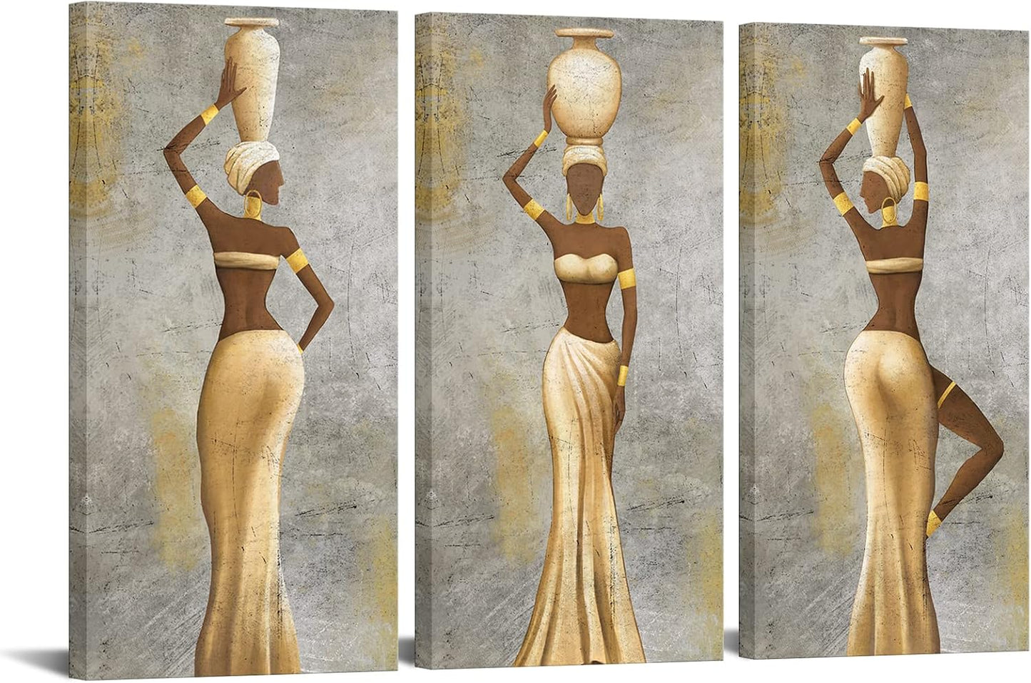 LevvArts Large 3 Pieces African Women Canvas Wall Art Traditional Black Girl Ethnic Ancient Theme Painting Africa Tribal Art Picture for Living Room Bedroom Decor Framed Easy to Hang