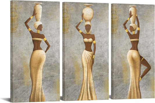 LevvArts Large 3 Pieces African Women Canvas Wall Art Traditional Black Girl Ethnic Ancient Theme Painting Africa Tribal Art Picture for Living Room Bedroom Decor Framed Easy to Hang