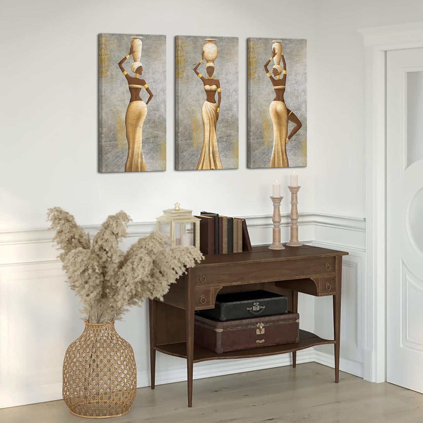 LevvArts Large 3 Pieces African Women Canvas Wall Art Traditional Black Girl Ethnic Ancient Theme Painting Africa Tribal Art Picture for Living Room Bedroom Decor Framed Easy to Hang