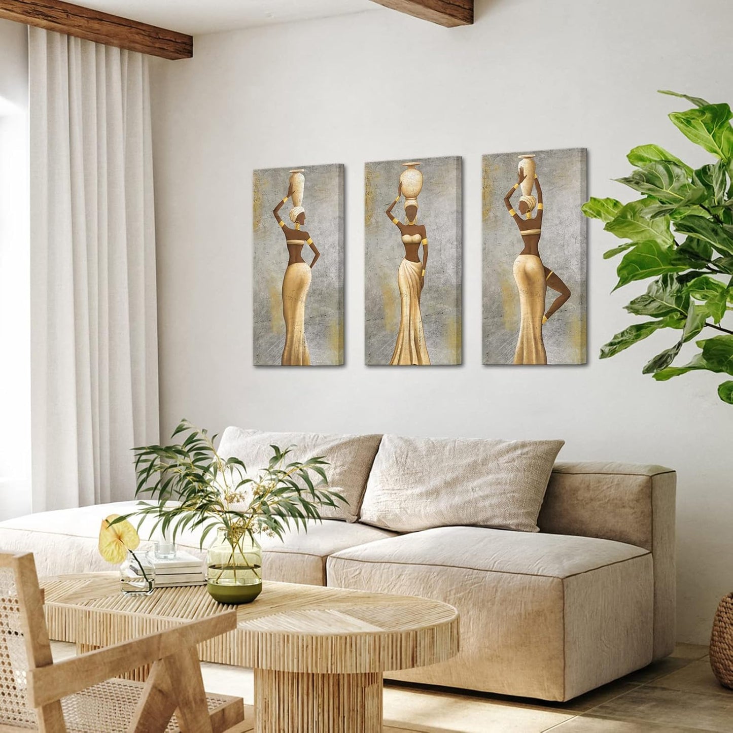 LevvArts Large 3 Pieces African Women Canvas Wall Art Traditional Black Girl Ethnic Ancient Theme Painting Africa Tribal Art Picture for Living Room Bedroom Decor Framed Easy to Hang